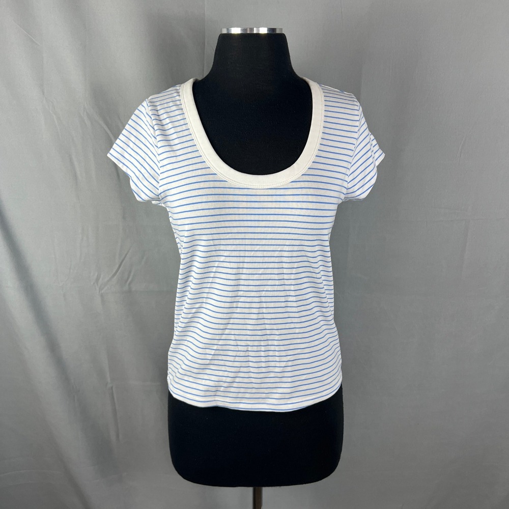 Free Assembly T Shirt Women Small 4-6 Blue White Striped Scoop Neck Short Sleeve